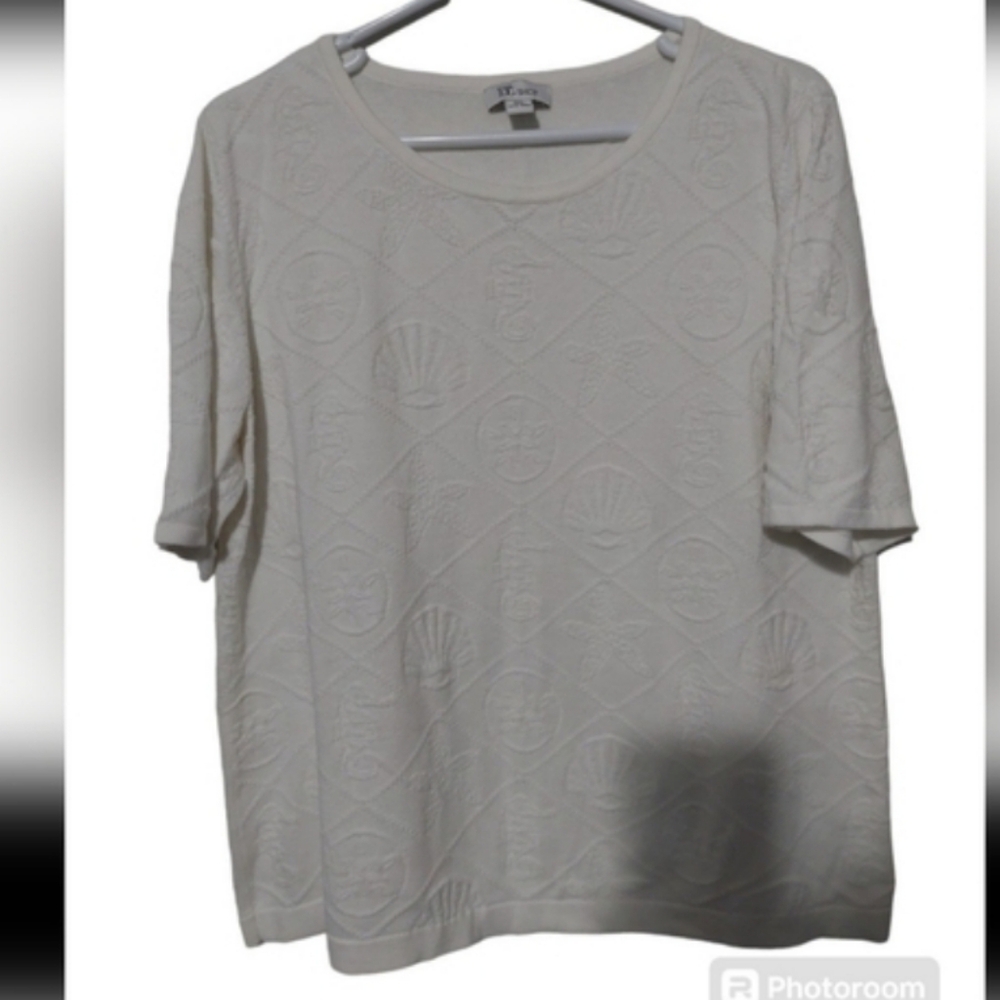 The Tog Shop White Textured Blouse Short Sleeve Sweater Womans Sz XL